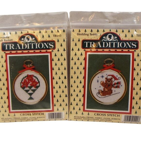 Traditions Counted Cross Stitch Kits –2 Pack- SLEDDING TEDDY & POINSETTA Set - Picture 1 of 11